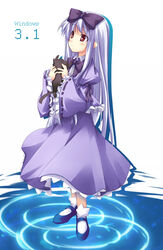  3.1-tan albino animal blue_footwear blush bow character_name closed_mouth dress feline female frilled_sleeves frills full_body hairbow holding holding_animal holding_cat long_hair long_sleeves looking_away looking_up microsoft_windows os-tan photoshop_(medium) puffy_long_sleeves puffy_sleeves purple_bow purple_dress purple_ribbon red_eyes ribbon ribbon-trimmed_sleeves ribbon_trim ripples shimakaze_(soundz_of_bell) shoes socks solo standing standing_on_liquid straight_hair very_long_hair white_hair white_socks wide_sleeves 