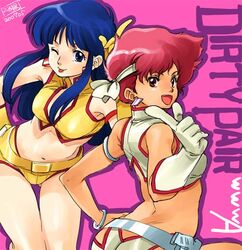  2girls :p armlet blue_eyes blue_hair bracelet brown_eyes crop_top dirty_pair earrings furudori_yayoi gloves headband holster jewelry kei_(dirty_pair) long_hair midriff multiple_girls one_eye_closed open_mouth red_hair retro_artstyle short_hair tan tongue tongue_out yuri_(dirty_pair) 