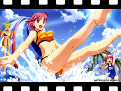  3girls :d :o ^_^ ahoge arm_up barefoot bikini bikini_tan cheering closed_eyes day feet film_border koutaro legs lens_flare linda-r-2007 microphone mint_clark multiple_girls navel oerba_yun_fang open_mouth outdoors photoshop_(medium) rio_rollins school_swimsuit smile striped_bikini striped_clothes super_blackjack swimsuit tan tanlines water water_slide waterpark 