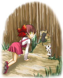  all_fours araki_fuu black_cat bow calico dress feline female fence gegege_no_kitarou grass hairbow hole_in_wall long_sleeves looking_at_viewer looking_back lowres nekomusume open_mouth photoshop_(medium) red_hair shoes short_hair solo yellow_eyes 