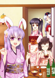  4girls =_= alternate_hairstyle animal_ears apron bento black_hair bowl brown_hair chopsticks closed_eyes commentary_request eating food greave_(asterism) grey_hair hair_ornament hat highres houraisan_kaguya inaba_tewi japanese_clothes kanzashi kimono long_hair mamezara multiple_girls nurse_cap obi plate ponytail purple_eyes purple_hair rabbit_ears reisen_udongein_inaba sash short_hair soy_sauce table touhou yagokoro_eirin 