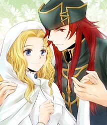  1boy bandages blonde_hair blue_eyes coat commentary_request couple female fire_emblem fire_emblem:_the_sacred_stones gem hand_on_another&#039;s_shoulder hat joshua_(fire_emblem) long_hair natasha_(fire_emblem) nonbiri_rkgk red_eyes red_hair sidelocks smile straight veil wavy_hair 