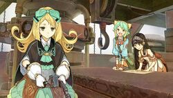  3girls ascot atelier_(series) atelier_shallie black_hair blonde_hair blue_shirt bow bowtie capelet expressionless flipped_hair gloves green_eyes green_hair green_skirt hairband hairbow hammer hidari_(left_side) leaning_forward light_green_hair long_hair miruca_crotze multiple_girls official_art red_eyes shallistera_(atelier) shallotte_elminus shirt short_hair skirt smile 