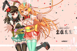  2011 2girls animal_ears bad_id bad_pixiv_id beatmania_iidx brown_hair flower garter_belt hair_flower hair_ornament hair_ribbon highres hinazuki_ririna long_hair multiple_girls new_year orange_eyes orange_hair platform_footwear rabbit_ears red_eyes ribbon skirt sodapop_(iemaki) thighhighs umegiri_iroha 