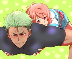  2boys blush commentary_request dark-skinned_male dark_skin earrings exercising grabbing green_background green_hair groping heart jewelry king_of_prism king_of_prism_by_prettyrhythm looking_at_another looking_down male_focus multiple_boys patterned_background pectoral_grab pectorals pink_eyes pink_hair pretty_rhythm pretty_series purple_eyes push-ups saionji_leo skin_tight toroi_(run01211) yamato_alexander yaoi 