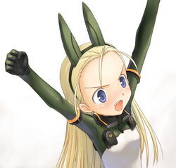  \o/ animal_ears arms_up artist_request blonde_hair blue_eyes bodysuit elise_von_dietrich fake_animal_ears female forehead headband headgear long_hair motion_slit oerba_yun_fang open_mouth outstretched_arms pilot_suit simple_background sky_girls solo white_background 