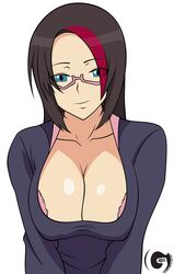  1girls academy_series big_breasts black_hair blue_eyes bra breasts cleavage fiora_laurent glasses gosha420 headmistress_fiora large_breasts league_of_legends leaning_forward looking_at_viewer megane red_highlights smile solo 