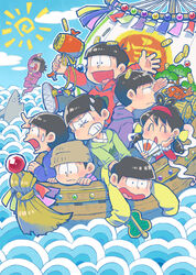  6+boys beanie black_hair bracelet brothers closed_eyes coin commentary_request facial_hair female folding_fan formal hairband hand_fan hat head_rest heart heart_in_mouth highres hood hoodie iyami jewelry low_twintails mallet matsuno_choromatsu matsuno_ichimatsu matsuno_jyushimatsu matsuno_karamatsu matsuno_osomatsu matsuno_todomatsu moustache multiple_boys necklace osomatsu-kun osomatsu-san osomatsu_(series) oto pearl_bracelet pearl_necklace photoshop_(medium) poster_(medium) purple_suit sextuplets shark sheeeh! ship short_twintails siblings suit sun sweatdrop twintails watercraft waves yowai_totoko 