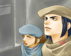  2boys blue_hair brown_eyes brown_hair character_request hat multiple_boys overseer_biel sentou_mecha_xabungle uniform 