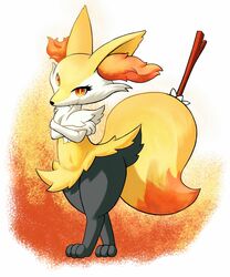  2013 5:6 abstract_background ambiguous_gender anthro big_ears braixen canid canine crossed_arms fur generation_6_pokemon hi_res looking_at_viewer mammal nintendo pata paws pokemon pokemon_(species) red_eyes simple_background smile solo standing stick yellow_body yellow_fur 