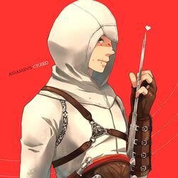  1boy altair_ibn_la-ahad assassin&#039;s_creed assassin&#039;s_creed_(series) blood commentary_request concealed_weapon heart hidden_blade_(assassin&#039;s_creed) male_focus red_background ritsu_(0015-xxxlxxxr) scar solo vambraces weapon 