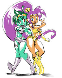  2girls armband blue_eyes boots breasts circlet cleavage cleavage_cutout clothing_cutout colored_skin commentary_request cosplay crop_top dark-skinned_female dark_skin dirty_pair earrings eric_toner forehead_jewel gloves green_hair green_skin grin hairband headband highres jewelry kei_(dirty_pair) kei_(dirty_pair)_(cosplay) long_hair medium_breasts midriff multiple_girls navel pointy_ears pointy_footwear purple_hair red_eyes rottytops shantae shantae_(series) shoes short_hair single_glove skull_earrings smile thumbs_up very_long_hair yellow_hairband yuri_(dirty_pair) yuri_(dirty_pair)_(cosplay) zombie 