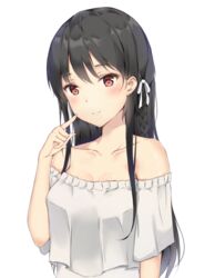  adore_(adoredesu) bare_shoulders black_hair blouse blush braid closed_mouth collarbone commentary female hair_ribbon half-closed_eyes highres horikita_suzune index_finger_raised long_hair looking_at_viewer off-shoulder_shirt off_shoulder red_eyes ribbon shirt side_braid simple_background smile solo tsurime upper_body white_background white_ribbon white_shirt youkoso_jitsuryoku_shijou_shugi_no_kyoushitsu_e 