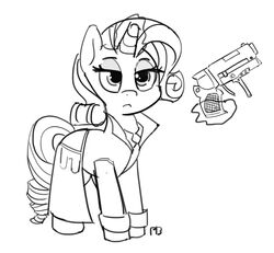  blade_runner clothing coat equid equine female friendship_is_magic gun handgun hasbro horn looking_at_viewer mammal monochrome my_little_pony mythological_creature mythological_equine mythology pabbley ranged_weapon rarity_(mlp) rick_deckard solo telekinesis topwear unicorn weapon 