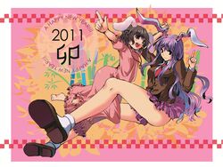  2011 2girls animal_ears ass bad_id bad_pixiv_id barefoot blazer brown_eyes brown_hair carrot dress inaba_tewi jacket jewelry kobanzame multiple_girls necktie new_year pendant rabbit_ears reisen_udongein_inaba touhou 