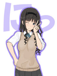  amagami breasts commentary_request female kibito_high_school_uniform long_hair looking_at_viewer medium_breasts megane_chuu morishima_haruka one_eye_closed school_uniform simple_background smile solo sweater_vest v white_background 