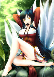  ahri_(league_of_legends) animal_ears artistic_error barefoot black_hair blue_hair breasts cleavage commentary_request female fox_ears fox_tail korean_clothes large_breasts league_of_legends legs long_hair makishima_rin mouth_hold multiple_tails photoshop_(medium) solo sunlight tail water yellow_eyes 