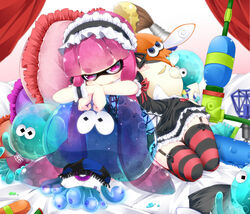  arrow_(projectile) bed belt black_dress black_ribbon blush commentary_request cross-laced_clothes curtains dress eyebrows feline female frilled_pillow frills full_body futase_hijiri garter_straps indoors inkling inkling_girl inkling_player_character jellyfish jellyfish_(splatoon) jelonzo_(splatoon) judd_(splatoon) leaning_to_the_side long_hair looking_at_viewer maid_headdress paintbrush pillow pointy_ears purple_eyes red_ribbon ribbon short_sleeves sitting solo splat_roller_(splatoon) splatoon_(series) splatoon_1 splattershot_(splatoon) squid striped_clothes striped_thighhighs super_soaker tentacle_hair thigh_gap thighhighs wrist_cuffs 