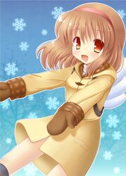  backpack bad_id bad_pixiv_id bag brown_hair brown_mittens coat female hairband hinata_mirun kanon mittens red_eyes short_hair solo tsukimiya_ayu turtleneck wings 