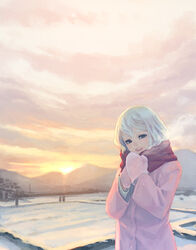  blonde_hair blue_eyes breath cloud coat enpera female field half-closed_eyes hill long_sleeves looking_at_viewer lowres mittens original outdoors own_hands_together pink_coat pink_mittens red_scarf scarf sky smile snow solo sun sunset swept_bangs upper_body w_arms weno weno&#039;s_blonde_original_character white_hair winter_clothes 