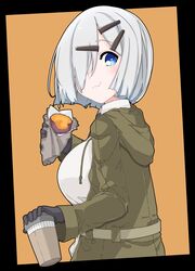  absurdres alternate_costume black_gloves blue_eyes breasts collared_shirt commentary_request cup disposable_coffee_cup disposable_cup eating female food gloves green_jacket grey_hair hair_ornament hair_over_one_eye hairclip hamakaze_(kancolle) highres holding holding_cup holding_food hood hood_down jacket kantai_collection kirishina_(raindrop-050928) large_breasts looking_at_viewer shirt short_hair solo sweet_potato upper_body wavy_mouth 