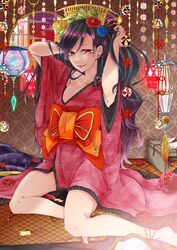  1boy bad_id bad_pixiv_id ball commentary_request crossdressing egasumi hair_ornament highres japanese_clothes kanzashi kimono lipstick long_hair looking_at_viewer makeup male_focus nipples obi oiran original otoko_no_ko purple_hair red_eyes sash sayagata seigaiha shippou_(pattern) smile solo temari_ball umehitonekomi yagasuri 