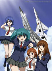  4girls airplane aqua_hair blue_eyes blue_hair breasts brown_eyes brown_hair cloud clouds doi_shizuha green_hair happy honjo_mikaze kikuhara_karin long_hair multiple_girls nakamura_ayamo necktie one_eye_closed open_mouth orange_hair pilot_uniform red_eyes running school_uniform shine shoes short_hair skirt sky smile socks stratos_4 sunlight twintails walking watch wink yellow_eyes 