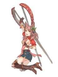  animal_ears black_gloves black_skirt black_thighhighs brown_hair cat_ears cleavage_cutout clothing_cutout commentary_request erune female from_side full_body gloves granblue_fantasy hair_ornament high_heels la_coiffe_(granblue_fantasy) leaf_hair_ornament miniskirt over-kneehighs peroncho scissors short_hair sideless_outfit simple_background skirt solo thighhighs white_background yellow_eyes 