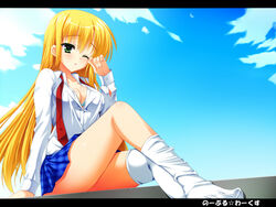  blonde_hair bra breasts cleavage colorized commentary_request copyright_name day female goma_azarasi green_eyes kanemoto_akari letterboxed long_hair loose_socks medium_breasts necktie noble_works photoshop_(medium) rubbing_eyes skirt sky socks solo thighs underwear undone_necktie yashiro_sayoi 