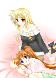  bare_shoulders bed black_ribbon black_sweater blanket blonde_hair blush breasts brown_hair collarbone couple fate_testarossa hair_ribbon happy jewelry kneeling lap_pillow legs long_hair long_sleeves looking_at_another lying lyrical_nanoha mahou_shoujo_lyrical_nanoha mahou_shoujo_lyrical_nanoha_strikers multiple_girls photoshop_(medium) pink_blanket pink_sweater ponytail purple_eyes raikkonen713 red_eyes ribbon ring side_ponytail simple_background sitting smile sweater takamachi_nanoha thighs very_long_hair yuri 