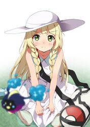  &gt;:( bag blonde_hair blurry blurry_foreground blush braid collarbone commentary_request cosmog dress duffel_bag female frown green_eyes hat highres kei_(0497) lillie_(pokemon) long_hair pokemon pokemon_(creature) pokemon_sm sleeveless sleeveless_dress sun_hat twin_braids v-shaped_eyebrows white_dress white_hat 