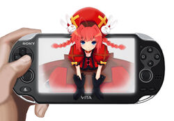  blue_eyes blush commentary_request female fourth_wall gloves handheld_game_console hat long_hair looking_at_viewer lyrical_nanoha magical_girl mahou_shoujo_lyrical_nanoha mahou_shoujo_lyrical_nanoha_a&#039;s megane_chuu mini_person minigirl name_connection object_namesake playstation_vita red_hair simple_background through_medium through_screen vita_(nanoha) white_background 