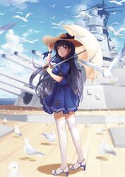  bird blue_dress blue_footwear blue_ribbon borrowed_character brown_eyes commentary_request dress female garter_straps hat highres holding holding_umbrella iowa_(pacific) long_hair looking_at_viewer original outdoors pacific_(kancolle) pleated_skirt purple_eyes rainbow2319682 ribbon sailor_dress school_uniform seagull serafuku shoes skirt solo strappy_heels straw_hat sun_hat thighhighs umbrella uss_iowa_(bb-61) white_thighhighs white_umbrella wrist_ribbon zettai_ryouiki 