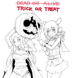  2girls blush breasts commentary_request halloween jack-o&#039;-lantern large_breasts medaka_box megane_chuu megusuno_uzume monochrome multiple_girls open_mouth simple_background skirt smile white_background yojirou_tsugiha 