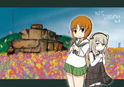  2girls bandages brown_eyes brown_hair commentary_request flower girls_und_panzer hair_ribbon long_hair multiple_girls nishizumi_miho numazoko_namazu ribbon school_uniform shimada_arisu short_hair world_of_tanks 