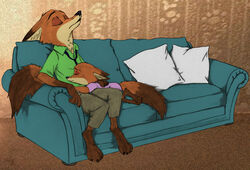  2016 absurd_res anthro barefoot black_nose canid canine claws closed_eyes clothed clothing cuddling dipstick_tail disney duo fan_character feet female fox fur furniture gloves_(marking) hand_behind_back hi_res inner_ear_fluff leg_markings luna_wilde_(crewefox) male mammal markings multicolored_tail necktie nick_wilde on_lap otakurec37 pillow red_body red_fox red_fur sleeping smile socks_(marking) sofa tail tail_markings toe_claws true_fox tuft young young_anthro ziegelzeig zootopia 