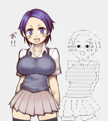  2channel ascii_art black_legwear blue_eyes blue_hair blush_stickers breasts chestnut_mouth commentary_request female kakkou_(su) large_breasts miniskirt multiple_views original parted_bangs pleated_skirt school_uniform short_hair skirt sweater_vest thighhighs yarumi zettai_ryouiki 