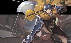  1boy armor axe blue_eyes blue_hair cape cosplay fire_emblem fire_emblem:_path_of_radiance fire_emblem_heroes gloves greil greil_(cosplay) headband ike_(fire_emblem) male_focus solo tadano_souko weapon 