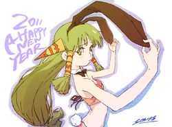  2011 animal_ears breasts commentary_request feena_(grandia) female grandia grandia_i green_eyes green_hair hair_ornament hair_tubes kurita_shin&#039;ichi long_hair low-tied_long_hair new_year rabbit_ears rabbit_tail solo tail 