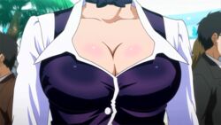  animated animated anime_screenshot bouncing_breasts bow bowtie breasts choker cleavage close-up female large_breasts looping_animation outdoors palm_tree rio_-rainbow_gate!- rio_rollins solo super_blackjack tree vest walking 