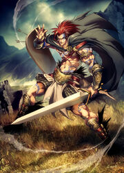  1boy abs armor belt_buckle buckle cape commentary cu_chulainn cuchulain_(mitos_y_leyendas) english_commentary facial_tattoo fragarach_(fate) genzoman greaves irish_mythology kilt male_focus manly mitos_y_leyendas muscular photoshop_(medium) red_hair shield solo spiked_hair sword tattoo vambraces weapon 