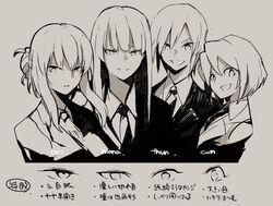  4girls commentary_request dress_shirt formal grey_background greyscale hair_bun hms_conqueror_(siirakannu) hms_monarch_(siirakannu) hms_orion_(siirakannu) hms_thunderer_(siirakannu) kantai_collection light_smile long_hair looking_at_viewer military military_uniform monochrome multiple_girls necktie original shirt short_hair sidelocks siirakannu simple_background single_hair_bun smile suit translation_request uniform 