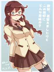  akuma_no_riddle asymmetrical_legwear bespectacled braid brown_hair commentary_request cosplay e20 female glasses green_eyes kantai_collection kenmochi_shiena kenmochi_shiena_(cosplay) long_hair noshiro_(kancolle) open_mouth red-framed_eyewear school_uniform solo thighhighs translated uneven_legwear voice_actor_connection yamada_yuuki_(voice_actor) 