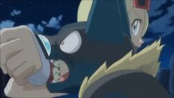  animated animated bite biting female gym_leader koruni_(pokemon) lowres lucario mega_lucario mega_pokemon pokemon pokemon_(anime) 