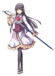  ascot black_hair black_pantyhose breasts corset eiyuu_densetsu elise_schwarzer female frills full_body green_eyes hairband long_hair official_art pantyhose rapier sen_no_kiseki shoes simple_background skirt small_breasts smile solo standing sword tachi-e weapon white_background 