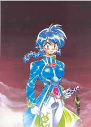  1990s_(style) araizumi_rui belt blue_dress blue_hair blue_theme braid dress female gloves green_eyes official_art pants retro_artstyle sherra_(slayers) skin_tight slayers solo sword uniform weapon 