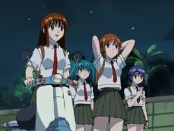  4girls aqua_hair bike blue_eyes blue_hair breasts brown_eyes brown_hair cellphone doi_shizuha green_hair hand_behind_head happy honjo_mikaze kikuhara_karin long_hair multiple_girls nakamura_ayamo necktie night open_mouth orange_hair red_eyes school_uniform short_hair skirt smile star stars stratos_4 tree twintails walking wall watch yellow_eyes 