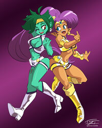  2girls blue_eyes boots breasts circlet cleavage cleavage_cutout clothing_cutout colored_skin commentary_request cosplay crop_top dark-skinned_female dark_skin dirty_pair earrings eric_toner forehead_jewel green_hair green_skin headband highres jewelry kei_(dirty_pair) kei_(dirty_pair)_(cosplay) knee_boots long_hair medium_breasts midriff multiple_girls photoshop_(medium) pointy_ears pointy_footwear purple_background purple_hair red_eyes revision rottytops shantae shantae_(series) shoes short_hair short_shorts shorts skull_earrings very_long_hair yuri_(dirty_pair) yuri_(dirty_pair)_(cosplay) zombie 