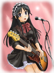  :o akiyama_mio bass_guitar black_eyes black_hair border commentary_request dutch_angle fading_border female fuwafuwa_time gothic_lolita instrument k-on! kamosikayasyamoji lolita_fashion long_hair microphone microphone_stand solo 