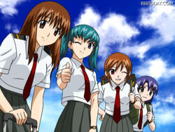  4girls aqua_hair backpack bag blue_eyes blue_hair blush breasts brown_eyes brown_hair cloud clouds doi_shizuha green_hair hand_on_hip happy honjo_mikaze kikuhara_karin long_hair luggage multiple_girls nakamura_ayamo necktie one_eye_closed orange_hair red_eyes school_uniform short_hair shy skirt sky smile stratos_4 thumbs_up twintails watch wink yellow_eyes 